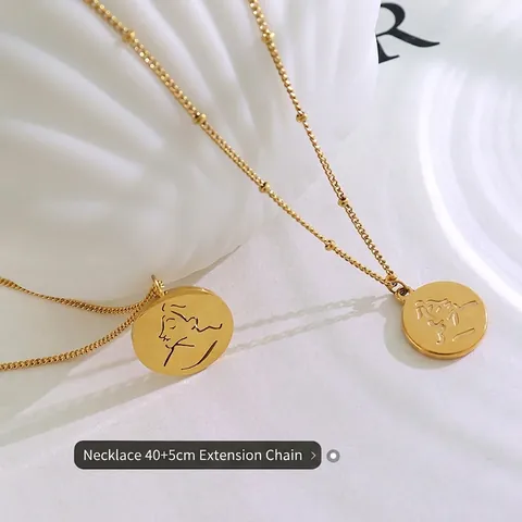 Abstract Portrait Line Art Round Disc Pendant Necklace Titanium Steel Gold Plated Minimalist French Niche Jewelry Women