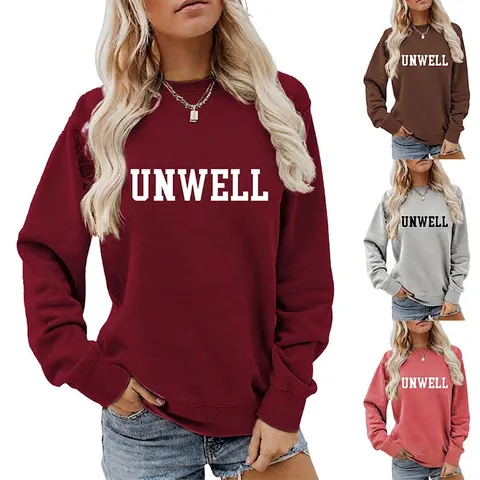 Felpa Donna Girocollo Maniche Lunghe Unwell Lettere Stampate Misto Cotone Casual Streetwear Pullover