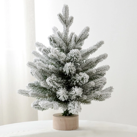 Mini Christmas Tree Flocked Snow Artificial Desktop Decoration With Wooden Base PE PVC Winter Holiday Home Decor