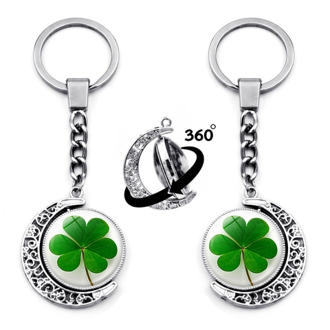 Rotierendes Kleeblatt Mond Schlüsselanhänger Glücksbringer Zinklegierung Glas Anhänger Für St. Patricks Day Geschenk Damen Schmuck