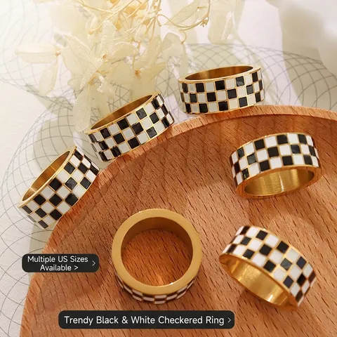 Vintage Checkerboard Ring Titanium Steel Gold Plated Enamel Black White Grid Band Minimalist Jewelry For Women Men