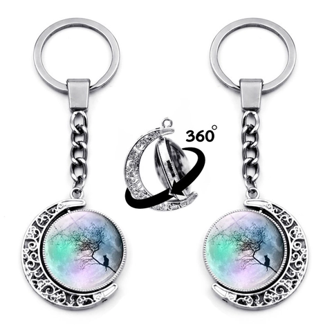 Vintage Roterende Maan Kat Sleutelhanger Zinklegering Glas Sterrenhemel Hanger Dubbelzijdige Sleutelring Geschenk Accessoires