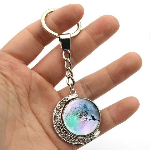 Vintage Roterende Maan Kat Sleutelhanger Zinklegering Glas Sterrenhemel Hanger Dubbelzijdige Sleutelring Geschenk Accessoires