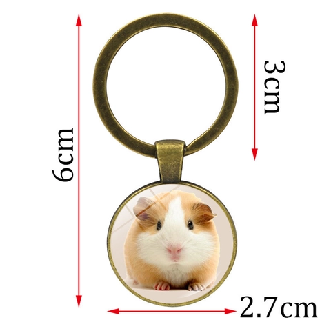 Cute Guinea Pig Photo Glass Cabochon Keychain Retro Metal Round Animal Pendant Key Ring Holder Bag Hanging Accessory Gift