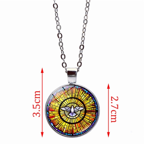 Religious Stained Glass Dove Pendant Necklace For Women Men Holy Spirit Art Zinc Alloy Glass Cabochon Silver Plated Jewelry Gift