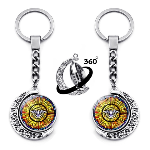Rotatable Crescent Moon Stained Glass Dove Keychain Silver Zinc Alloy Religious Peace Bird Pendant Key Ring Gift