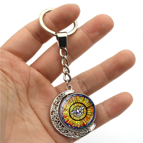 Rotatable Crescent Moon Stained Glass Dove Keychain Silver Zinc Alloy Religious Peace Bird Pendant Key Ring Gift