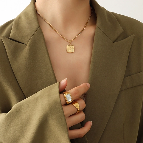 Vintage Dandelion Flower Square Pendant Necklace 18K Gold Plated Titanium Steel Figaro Chain Retro Jewelry For Women