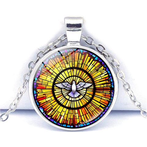 Religious Stained Glass Dove Pendant Necklace For Women Men Holy Spirit Art Zinc Alloy Glass Cabochon Silver Plated Jewelry Gift