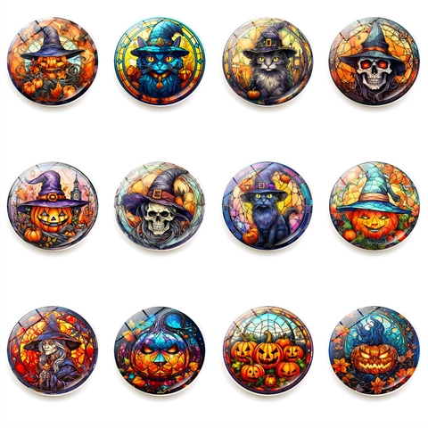 Halloween Koelkastmagneten Rond Glas Glas-in-lood Kunst Pompoen Schedel Heks Kat Magneet Voor Koelkast Whiteboard