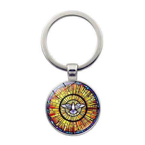 Porte-clés Colombe en Vitrail Vintage Pendentif d'Art Religieux Colombe de la Paix en Alliage de Zinc et Verre pour Femme Cadeau Chrétien