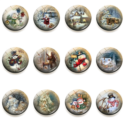 Vintage Kerst Sneeuwpop Glas Koelkastmagneten Set Ronde Winter Illustratie Koelkast Magnetische Decoratie Voor Huis Keuken