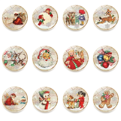 Aimant de Réfrigérateur Noël Vintage en Verre de Cristal Rond Magnétique Autocollant de Frigo Carte Postale Père Noël Renne