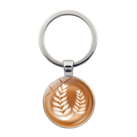 Coffee Latte Art Metal Keychain Vintage Glass Cabochon Heart Snail Pattern Key Ring Bag Hanging Ornament For Coffee Lovers Gift