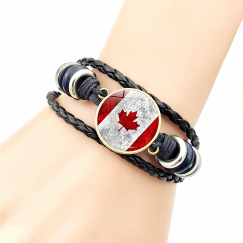 Bracelet En Cuir Tressé Drapeau Canada Feuille D'érable Multi-Couches Vintage Réglable Alliage Verre Bijoux Pour Hommes Femmes