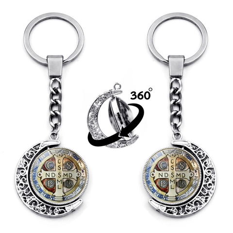 Saint Benedict Medal Keychain Double Sided Rotating Moon Hollow Zinc Alloy Religious Pendant Keyring Religious Jewelry Gift