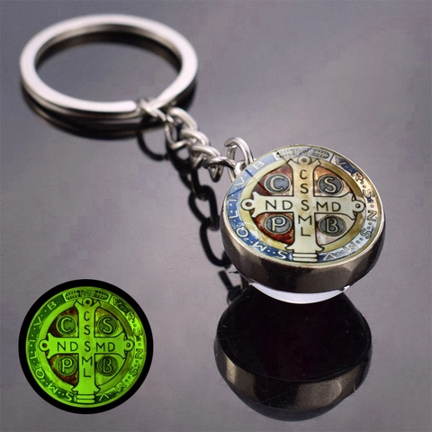 Luminous Saint Benedict Medal Keychain Religious Catholic Double Sided Glass Ball Glow In The Dark Alloy Key Ring Gift