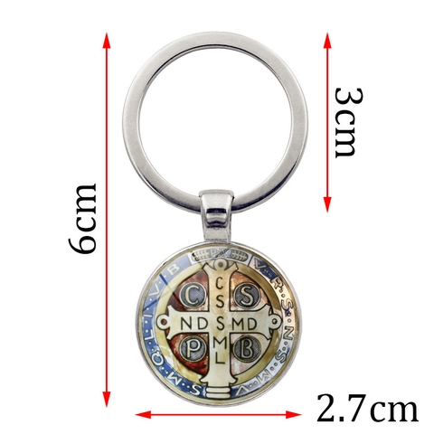 Saint Benedict Medal Keychain Zinc Alloy Glass Cabochon Religious Protection Amulet Catholic Cross Key Ring Pendant Jewelry Gift