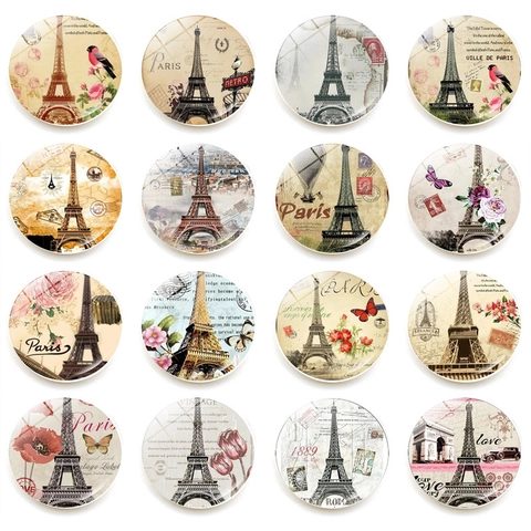 Retro Paris Eiffel Tower Refrigerator Magnets Crystal Glass Round 25mm Magnetic Sticker Home Kitchen Decor Gift