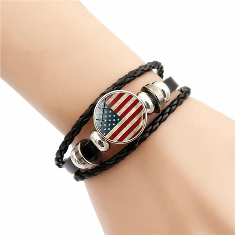 US Flag Braided Leather Bracelet Multi Layer Alloy Beads Glass Cabochon Adjustable Retro Patriotic Jewelry Unisex