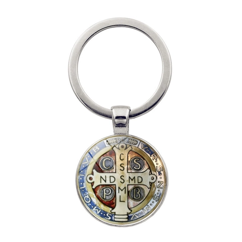 Saint Benedict Medal Keychain Zinc Alloy Glass Cabochon Religious Protection Amulet Catholic Cross Key Ring Pendant Jewelry Gift