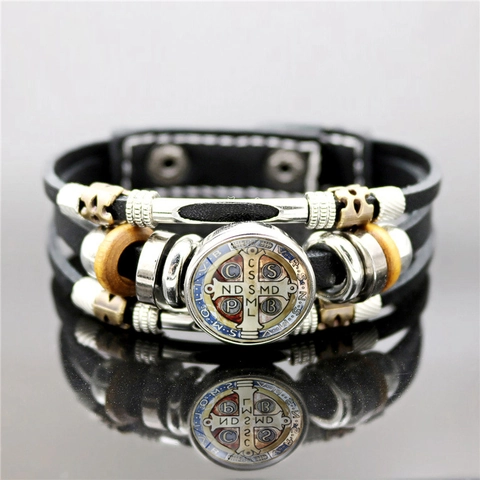 Bracelet En Cuir Multicouche Médaille Saint Benoît Rétro Religieux Punk Perles En Bois Alliage Hommes Femmes