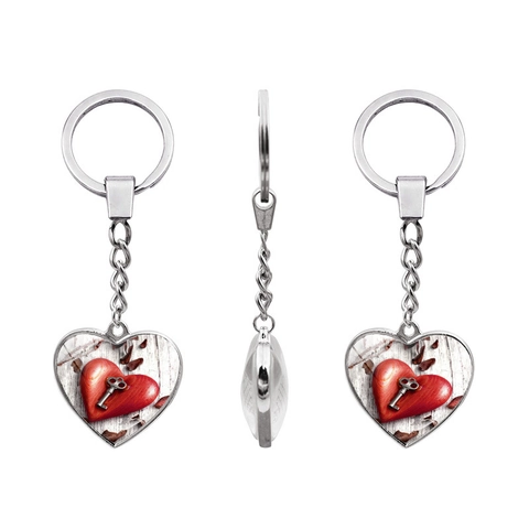 Double Sided Heart Keychain Vintage Key Pattern Zinc Alloy Glass Heart Pendant Key Ring For Women Romantic Gift Jewelry