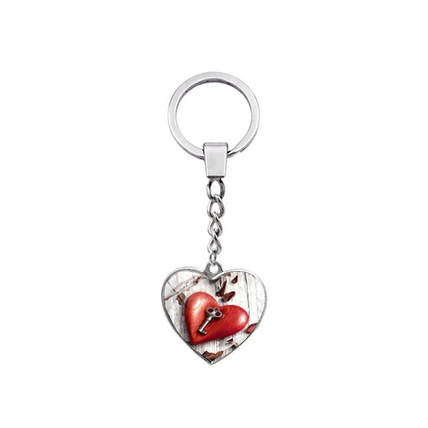 Double Sided Heart Keychain Vintage Key Pattern Zinc Alloy Glass Heart Pendant Key Ring For Women Romantic Gift Jewelry