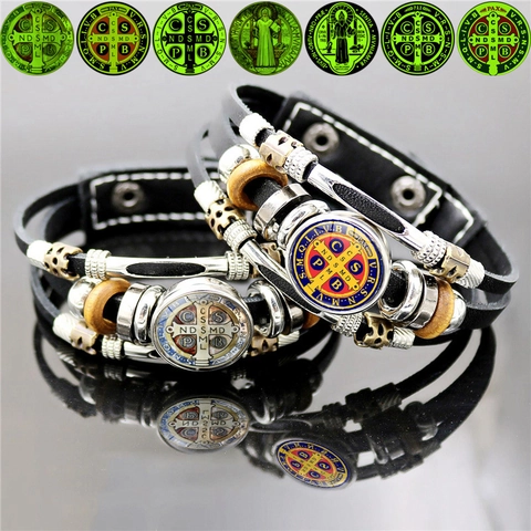 Bracelet En Cuir Multicouche Médaille Saint Benoît Rétro Religieux Punk Perles En Bois Alliage Hommes Femmes