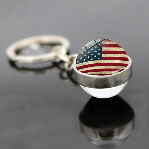Porte-Clés Drapeau Américain Vintage Double Face Boule De Verre Alliage De Zinc USA Star Spangled Banner Pendentif Voiture