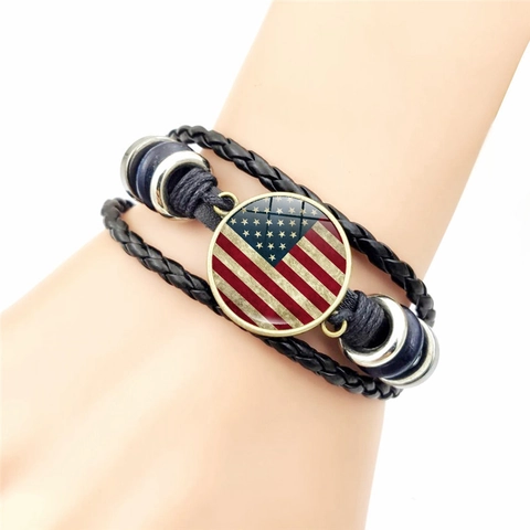 Bracciale In Pelle Intrecciata Vintage Con Cabochon In Vetro Lega Design Bandiera Braccialetto Multistrato Regolabile Per Uomini Donne