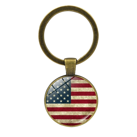 Vintage American Flag USA Patriotic Zinc Alloy Glass Cabochon Keychain Retro Star Stripes Key Ring Gift For Men Women