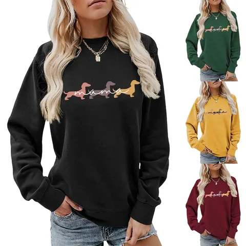 Women Round Neck Dachshund Mama Letter Print Long Sleeve Loose Casual Sweatshirt Cotton Blend Pullover Top