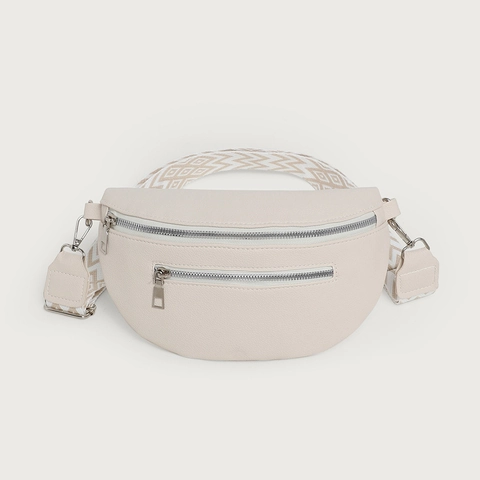 Women's PU Leather Fanny Pack With Geometric Wide Woven Strap Urban Minimalist Double Zipper Chest Bag Casual Crossbody Waist Bag