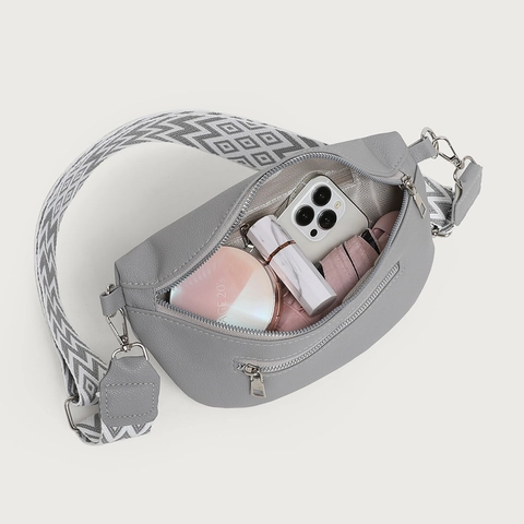 Women's PU Leather Fanny Pack With Geometric Wide Woven Strap Urban Minimalist Double Zipper Chest Bag Casual Crossbody Waist Bag