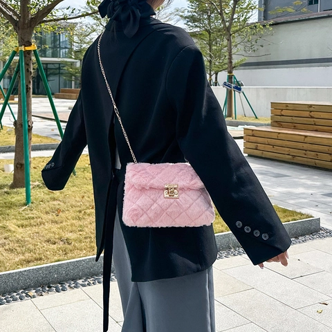 Women Quilted Plush Crossbody Bag Rhombus Pattern Metal Chain Shoulder Handbag Chic Winter Fashion Small Square Purse