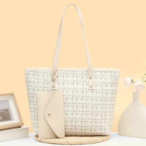 Elegant Women Tweed Shoulder Bag PU Leather Handle Large Capacity Versatile Tote Bag And Matching Envelope Pouch