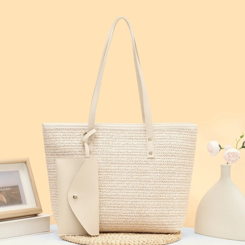 Woven Straw Tote Bag With Small Pouch Herringbone Pattern PU Leather Straps Casual Beach Vacation Shoulder Bag For Women
