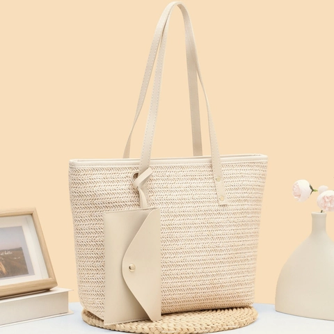 Borsa Tote in Paglia Intrecciata Con Pochette Motivo a Spina di Pesce Manici in Pelle PU Borsa da Spiaggia per Donna