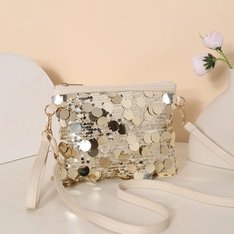 Women's Fashion Sequin Small Square Bag Elegant Cream White Crossbody Bag With Adjustable Shoulder Strap For Party Commute