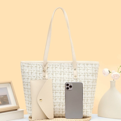 Elegant Women Tweed Shoulder Bag PU Leather Handle Large Capacity Versatile Tote Bag And Matching Envelope Pouch