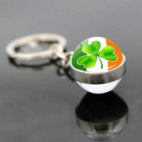 Ireland Flag Shamrock Clover Keychain St Patrick's Day Lucky Glass Ball Zinc Alloy Metal Pendant Keychain Gift Jewelry
