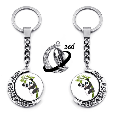 Süßer Rotierender Panda Mond Metall Schlüsselanhänger Zinklegierung Hohler Mond Glasanhänger Souvenir Schlüsselring Für Damen Herren