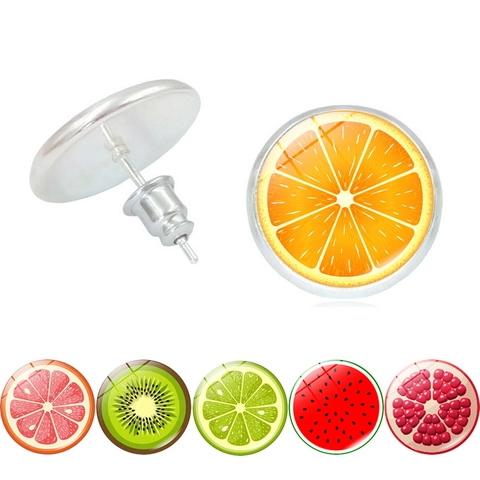 Fresh Fruit Slice Round Stud Earrings For Women Cute Watermelon Lemon Orange Apple Pattern Glass Alloy Jewelry Accessory