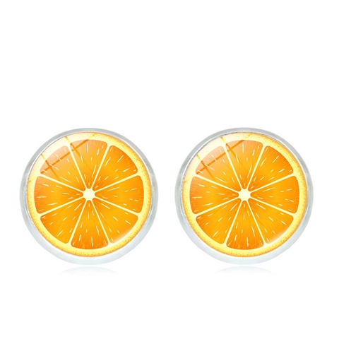 Fresh Fruit Slice Round Stud Earrings For Women Cute Watermelon Lemon Orange Apple Pattern Glass Alloy Jewelry Accessory