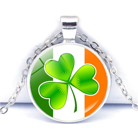 Shamrock Pendant Necklace Zinc Alloy Glass Cabochon Irish Flag Pattern St Patrick's Day Fashion Jewelry For Women