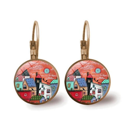 Vintage Abstract Landscape Alloy Earrings For Women Artistic Town House Glass Cabochon Leverback Drop Earrings Fashion Jewelry