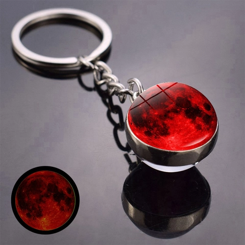 Creative Moon Planet Luminous Keychain Double Sided Glass Ball Zinc Alloy Glow In The Dark Starry Sky Keyring Pendant For Gift
