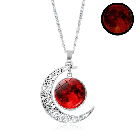 Leuchtende Hohle Mondanhänger Halskette Planetenmuster Glas-Cabochon Im Dunkeln Leuchten Legierungskette Schmuck Damen Herren Geschenk