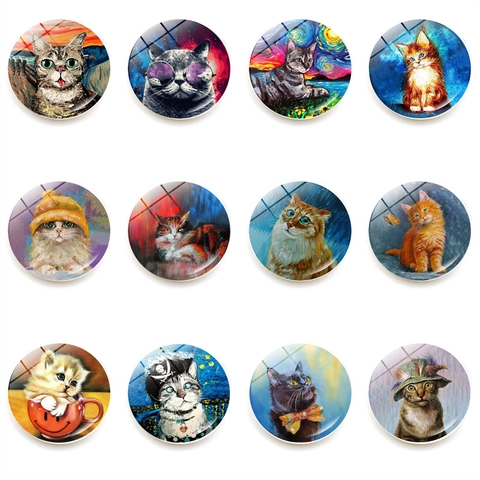 Cat Refrigerator Magnets Glass Magnetic Artistic Oil Painting Style Round Fridge Decor Whiteboard Accessories